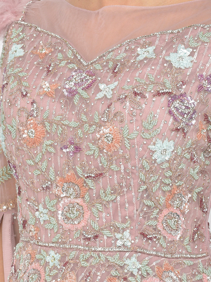 Neerus Pink net embellished gown - detail view 1