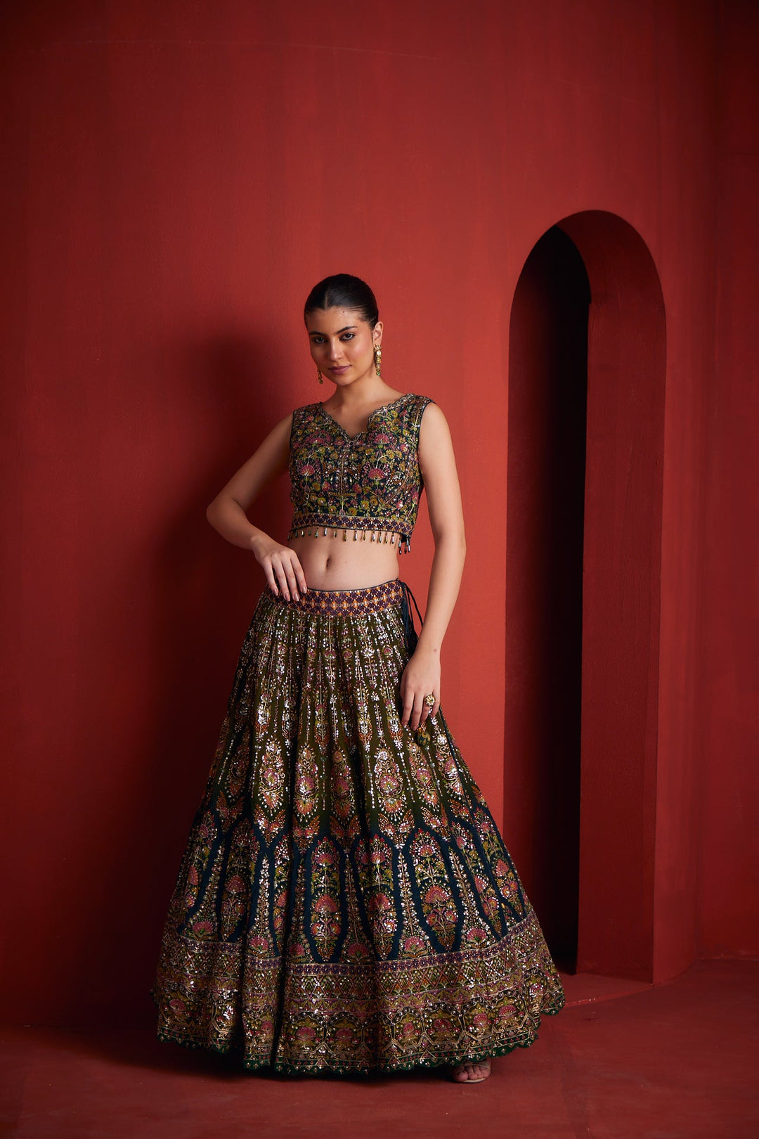 Neerus Green silk embellished lehenga set - back view