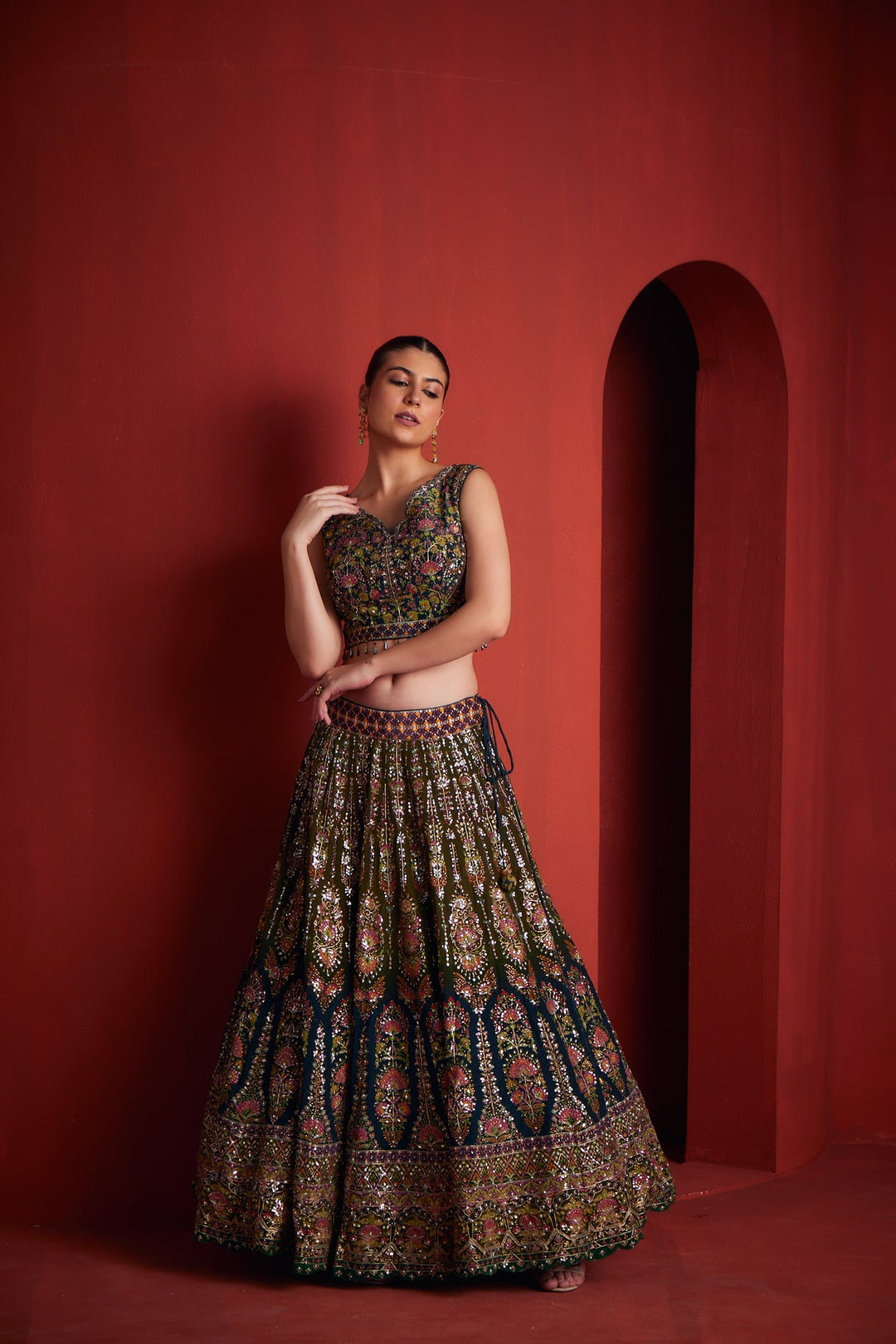 Neerus Green silk embellished lehenga set - side view