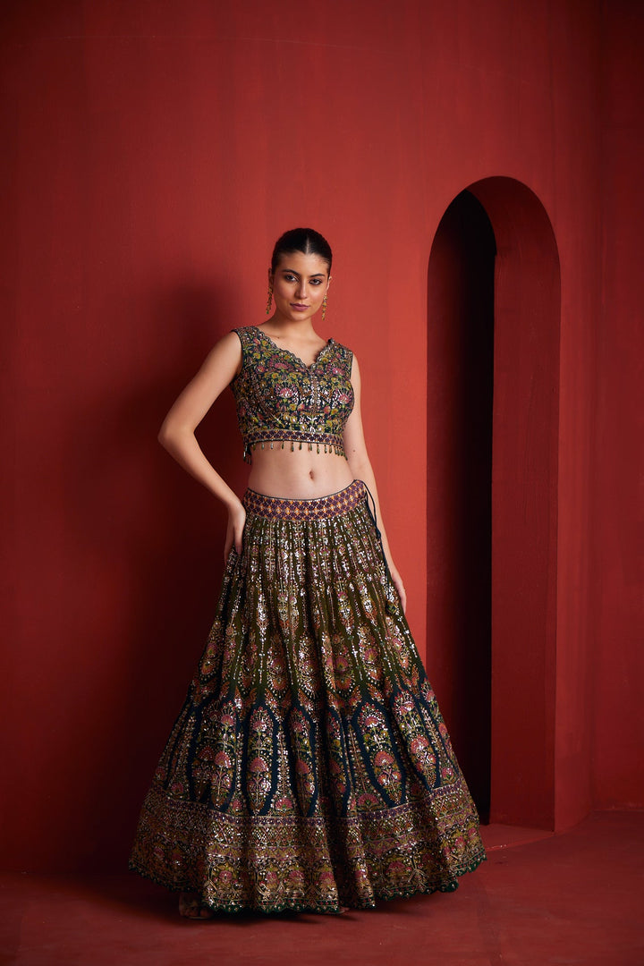 Neerus Green silk embellished lehenga set - front view