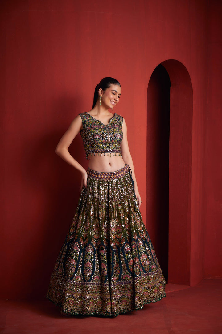 Neerus Green silk embellished lehenga set - detail view 1