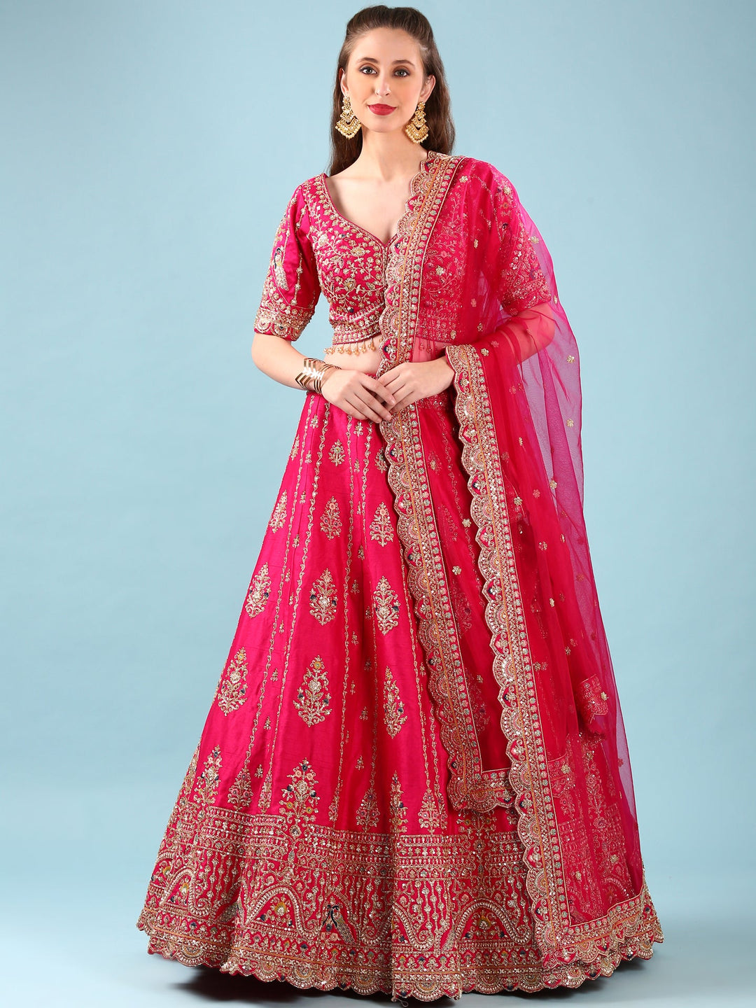 Neerus Pink silk hand embroidered lehenga set - front view