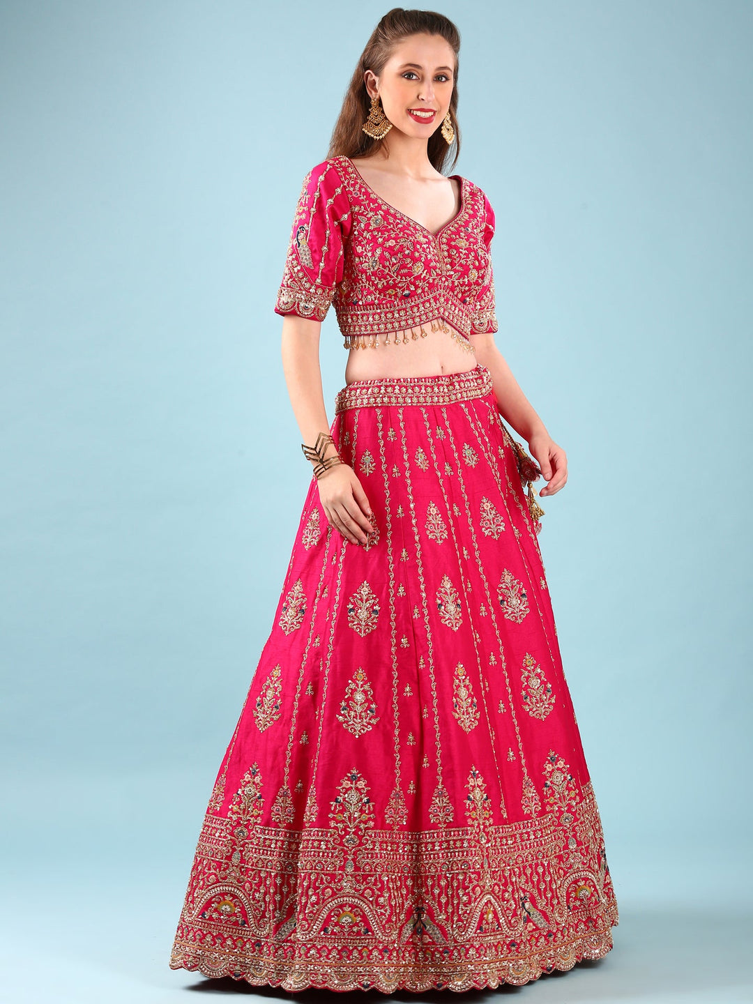 Neerus Pink silk hand embroidered lehenga set - back view