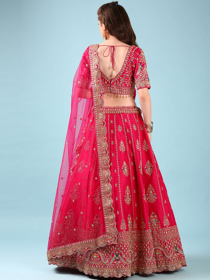 Neerus Pink silk hand embroidered lehenga set - side view