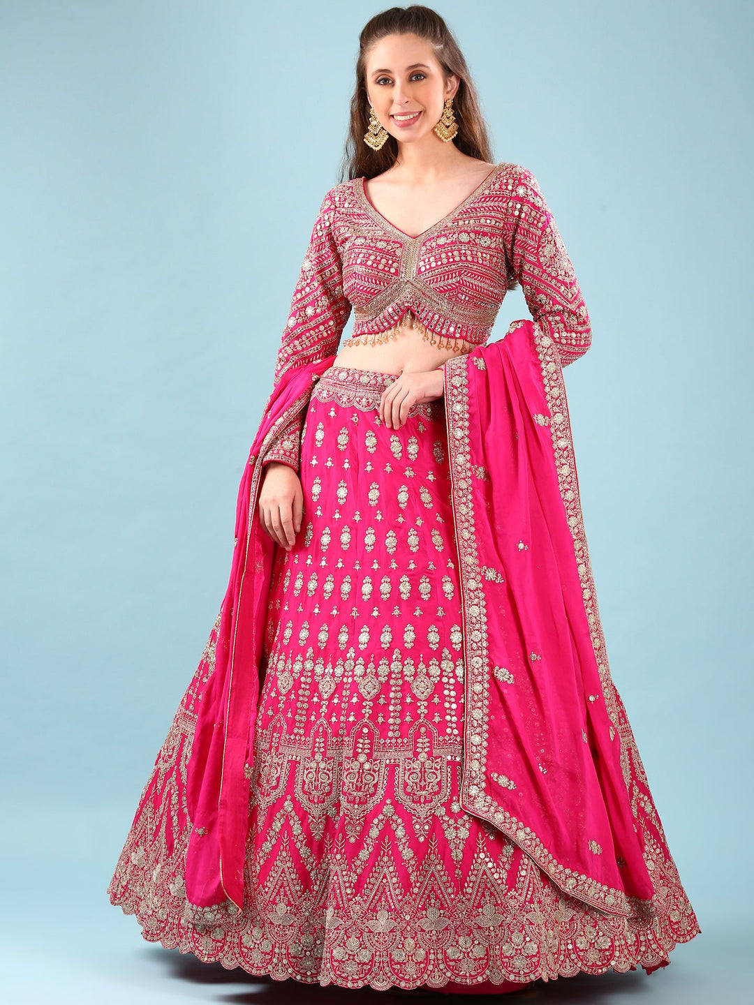 Neerus Pink Georgette Hand Embroidered Lehenga Set - front view