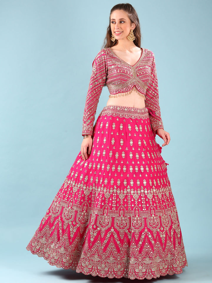 Neerus Pink Georgette Hand Embroidered Lehenga Set - back view