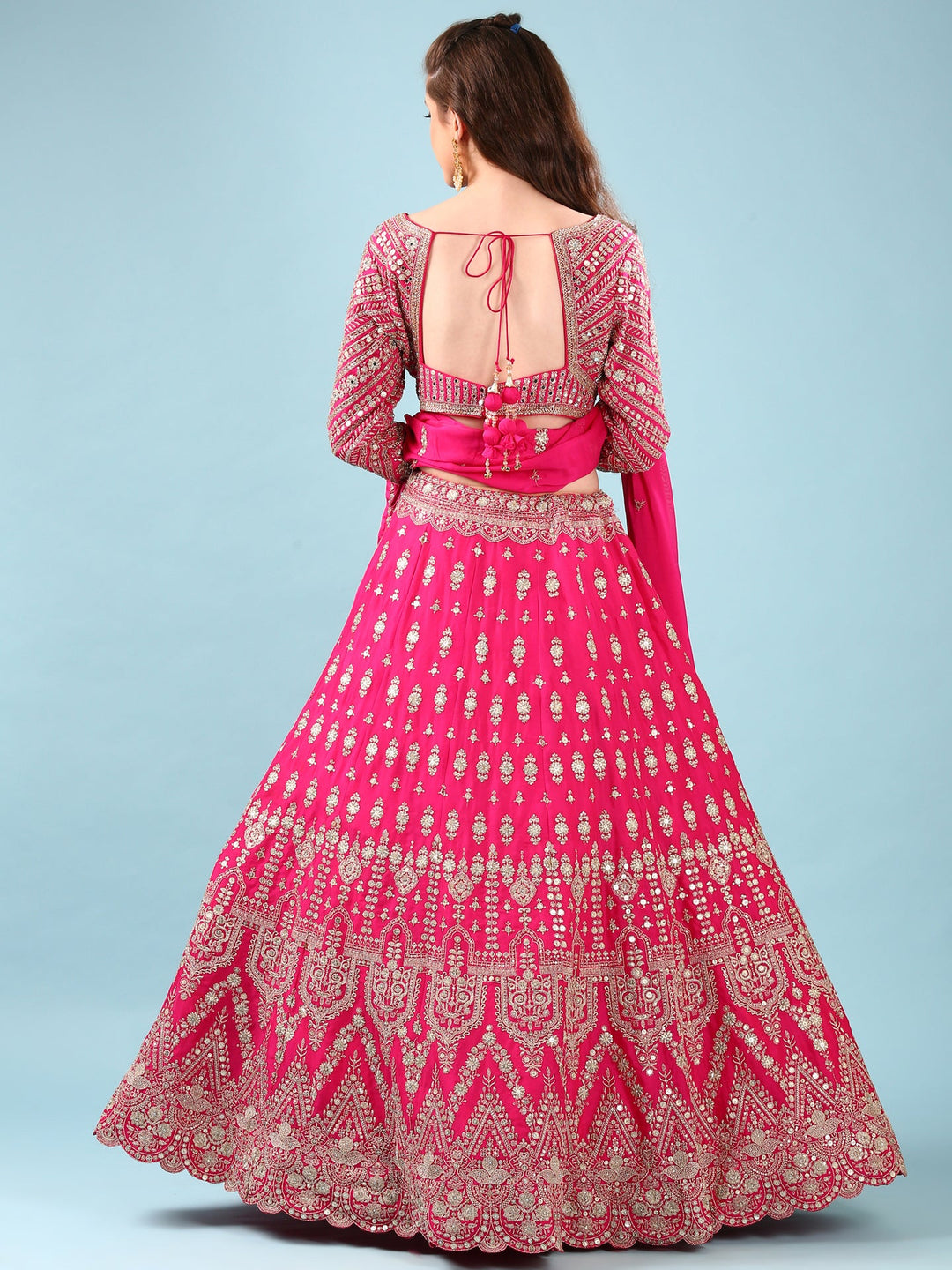 Neerus Pink Georgette Hand Embroidered Lehenga Set - side view