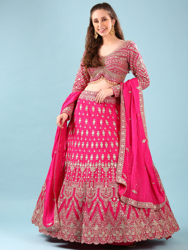 Neerus Pink Georgette Hand Embroidered Lehenga Set - detail view 2