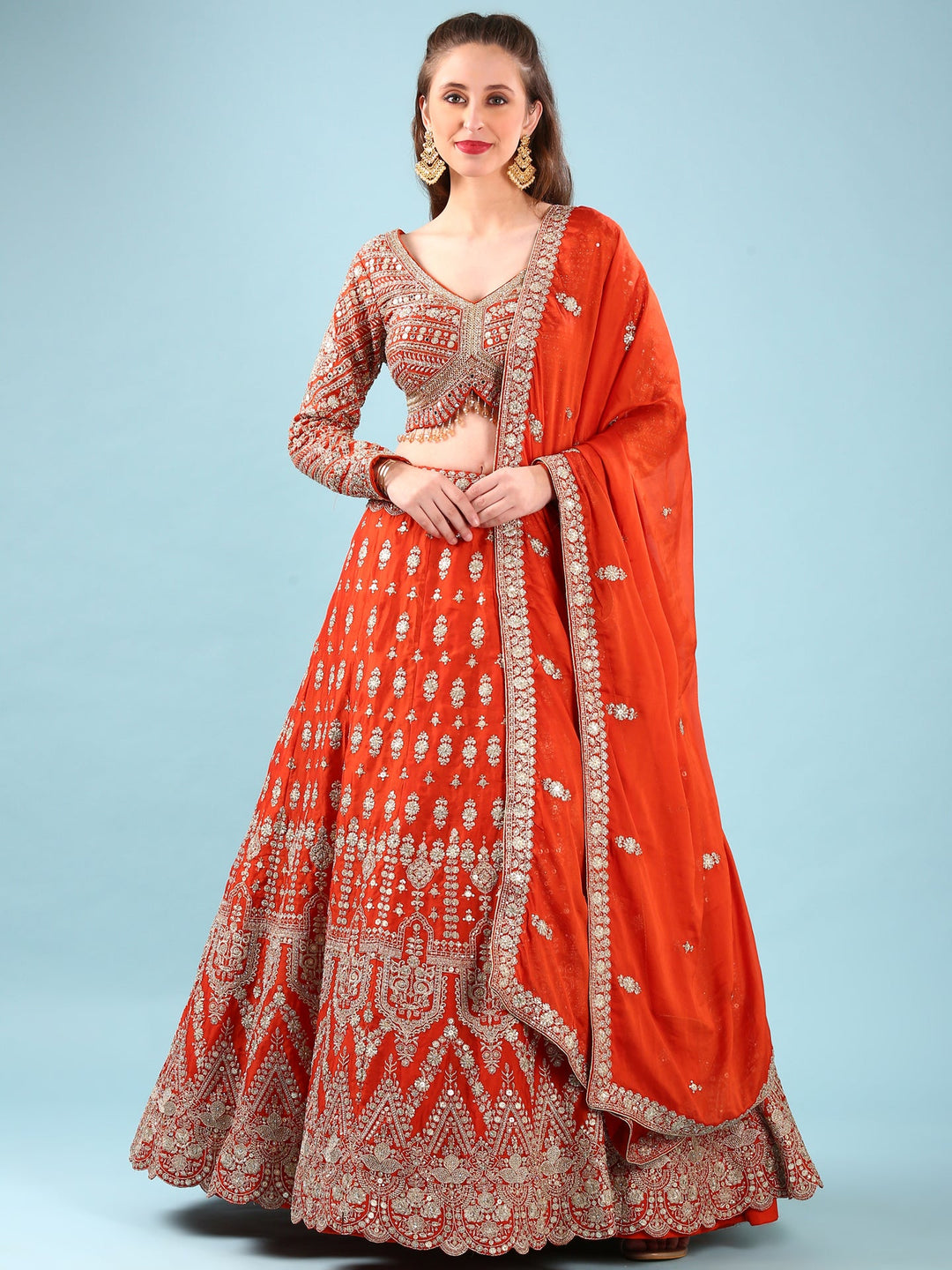 Neerus Orange georgette hand embroidered lehenga set - front view