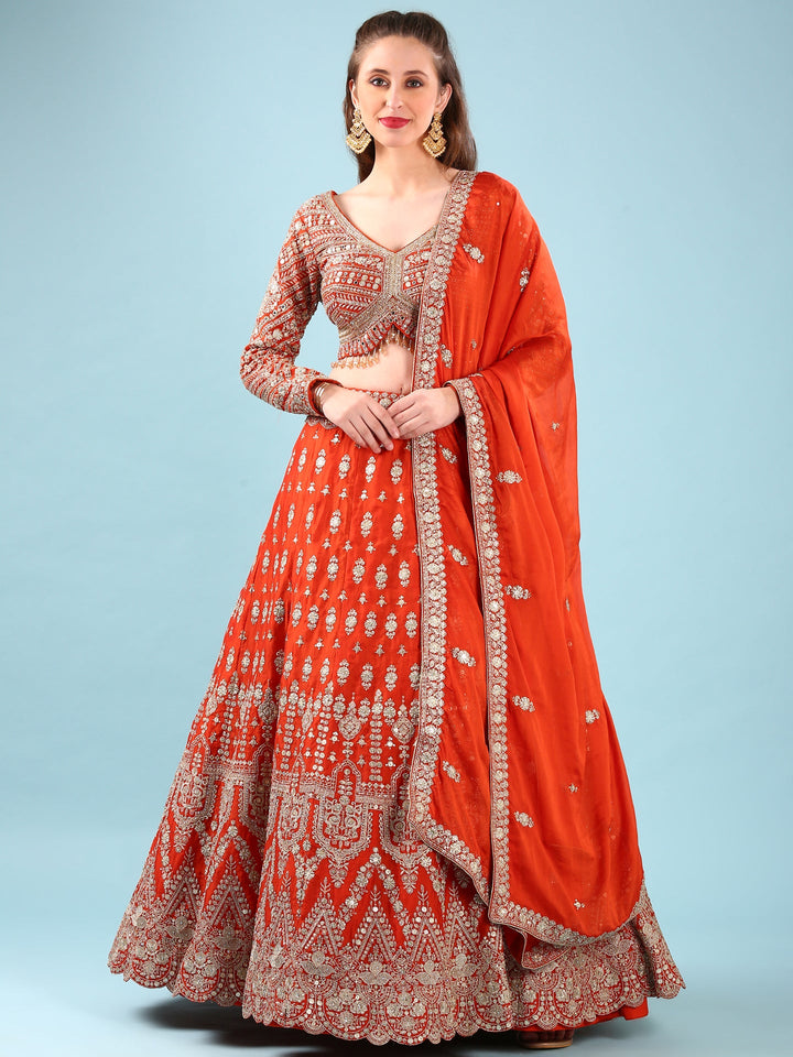 Neerus Orange georgette hand embroidered lehenga set - front view
