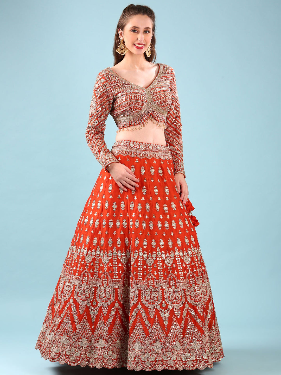Neerus Orange georgette hand embroidered lehenga set - back view