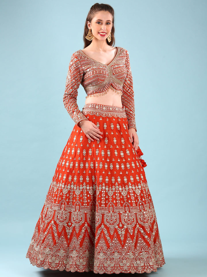 Neerus Orange georgette hand embroidered lehenga set - back view
