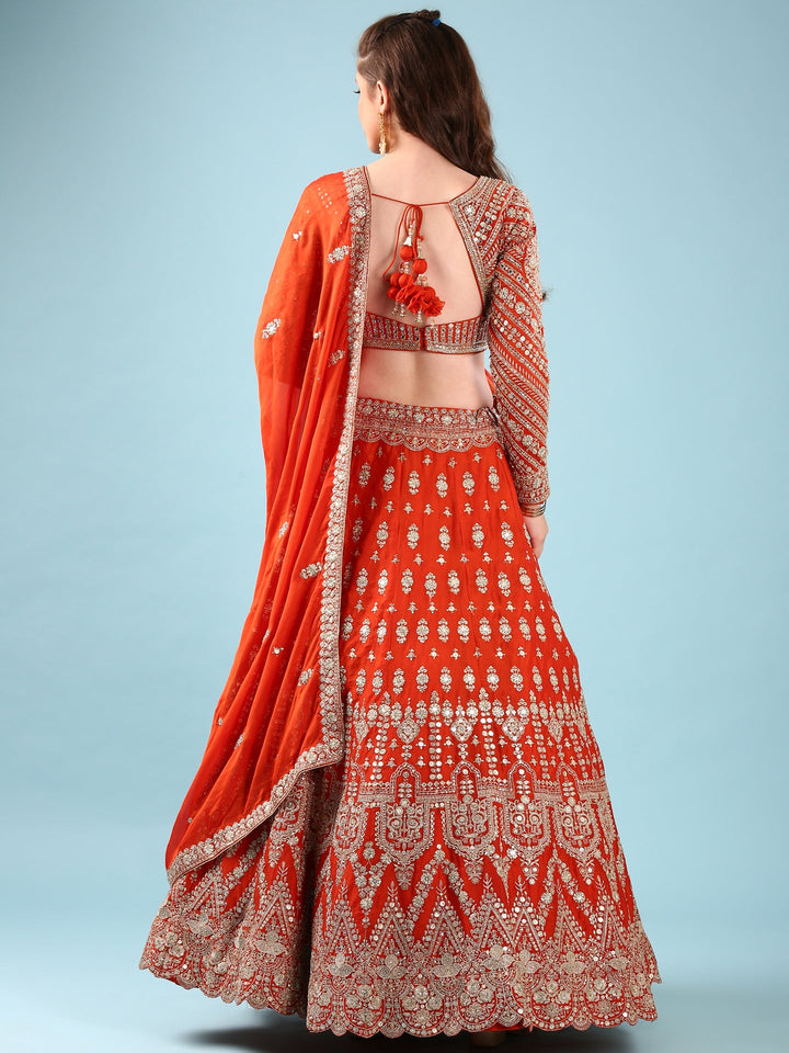 Neerus Orange georgette hand embroidered lehenga set - side view