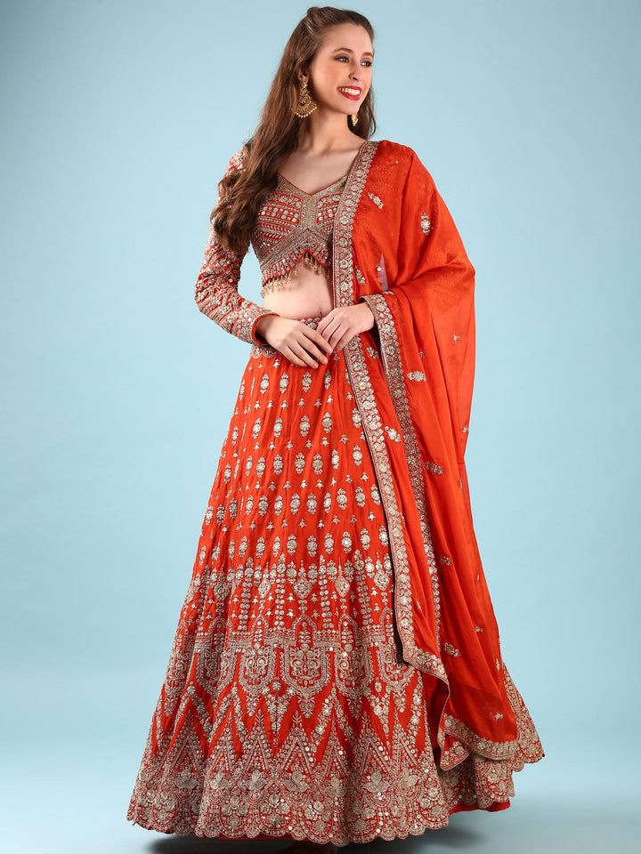 Neerus Orange georgette hand embroidered lehenga set - detail view 2