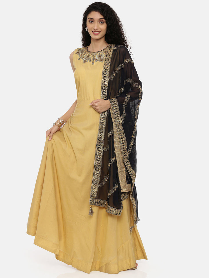 Neerus Beige embroidered anarkali suit set - front view