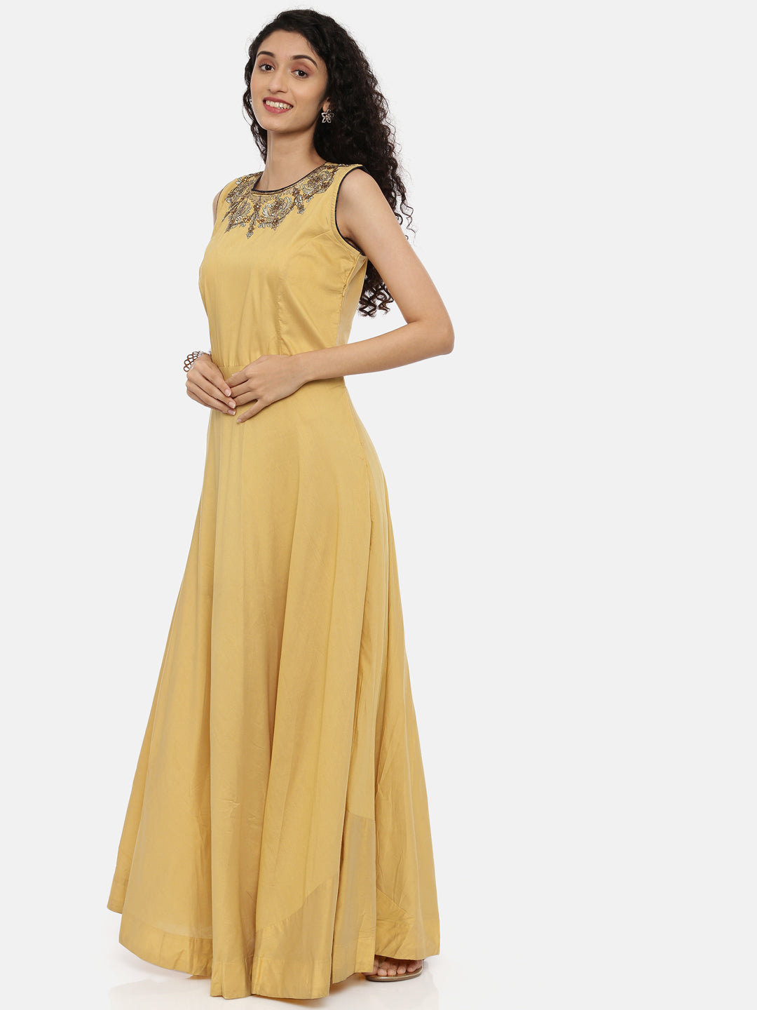 Neerus Beige embroidered anarkali suit set - side view