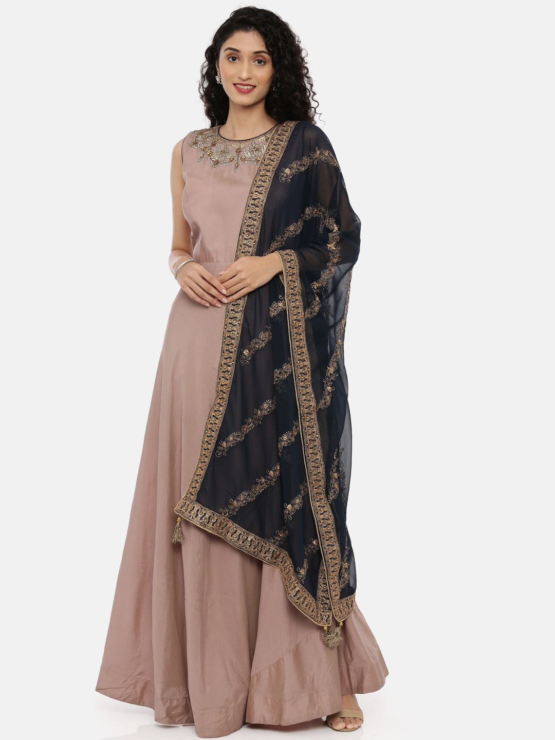 Neerus Pink embroidered anarkali kurta set with churidar and dupatta - front view