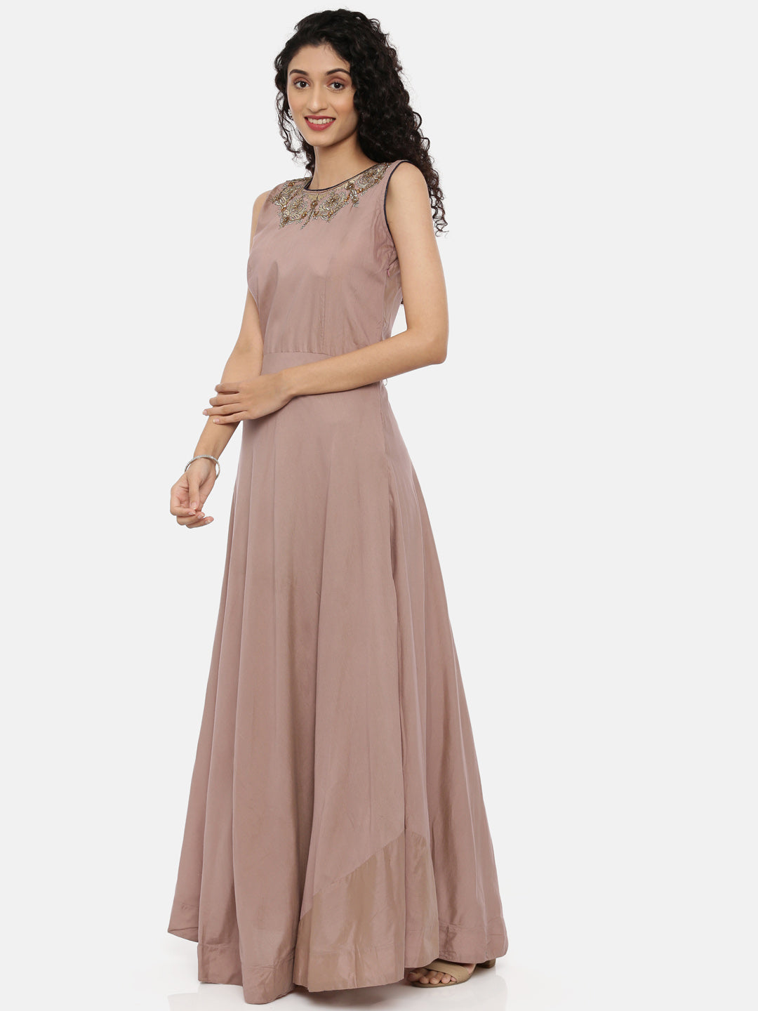 Neerus Pink embroidered anarkali kurta set with churidar and dupatta - detail view 2