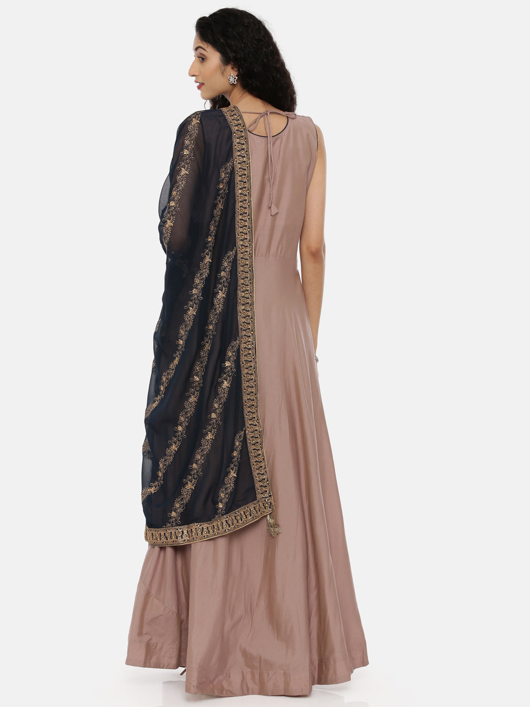 Neerus Pink embroidered anarkali kurta set with churidar and dupatta - side view
