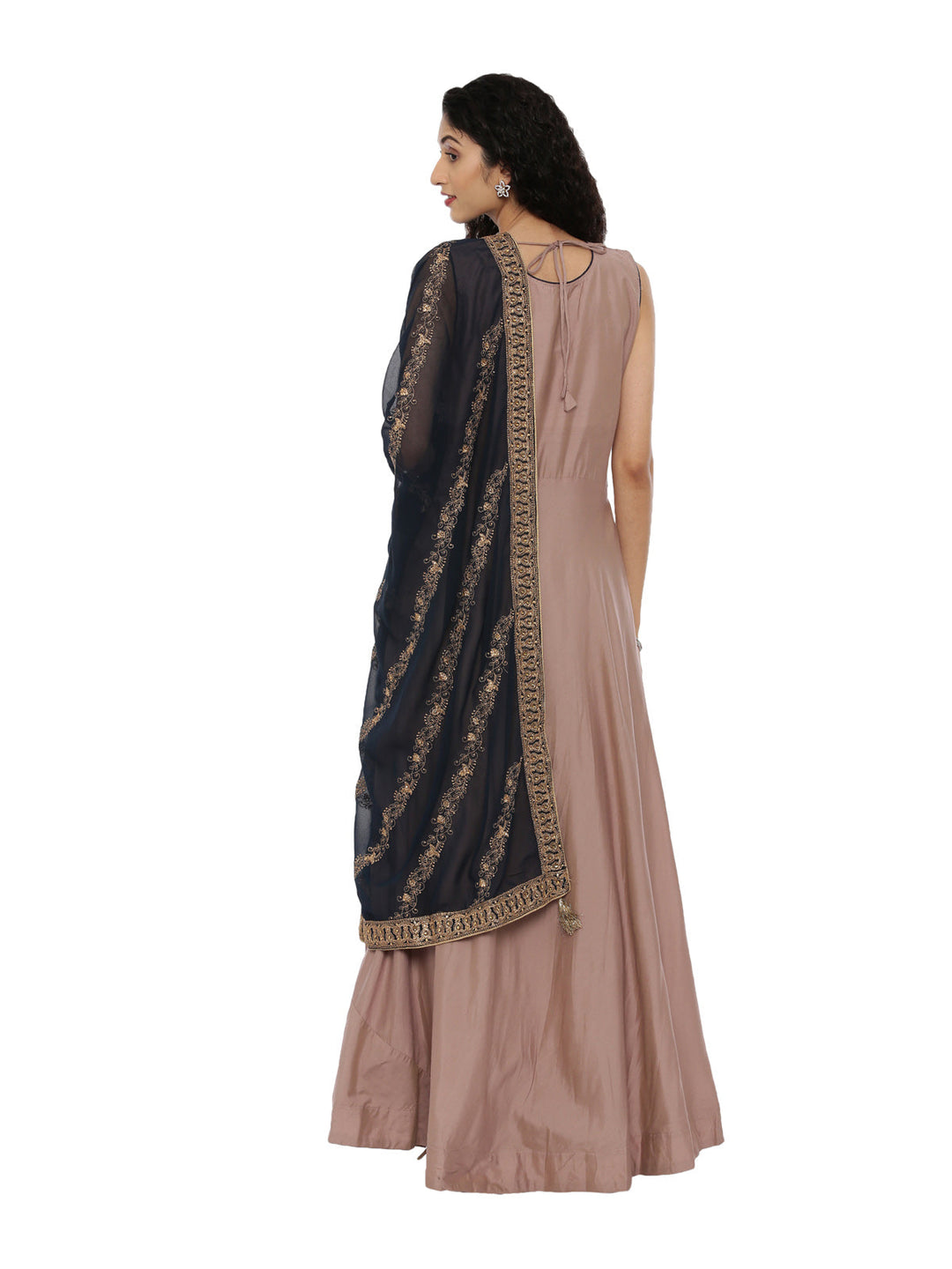 Neerus Pink embroidered anarkali kurta set with churidar and dupatta - detail view 1