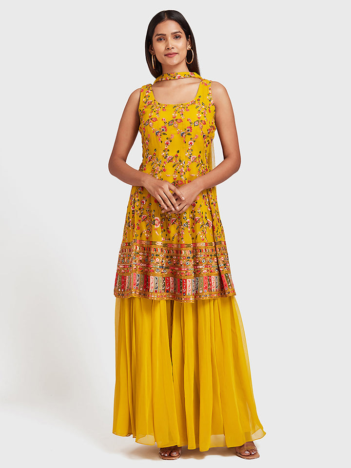 Neerus Yellow Embellished Anarkali Sharara Set - detail view 3