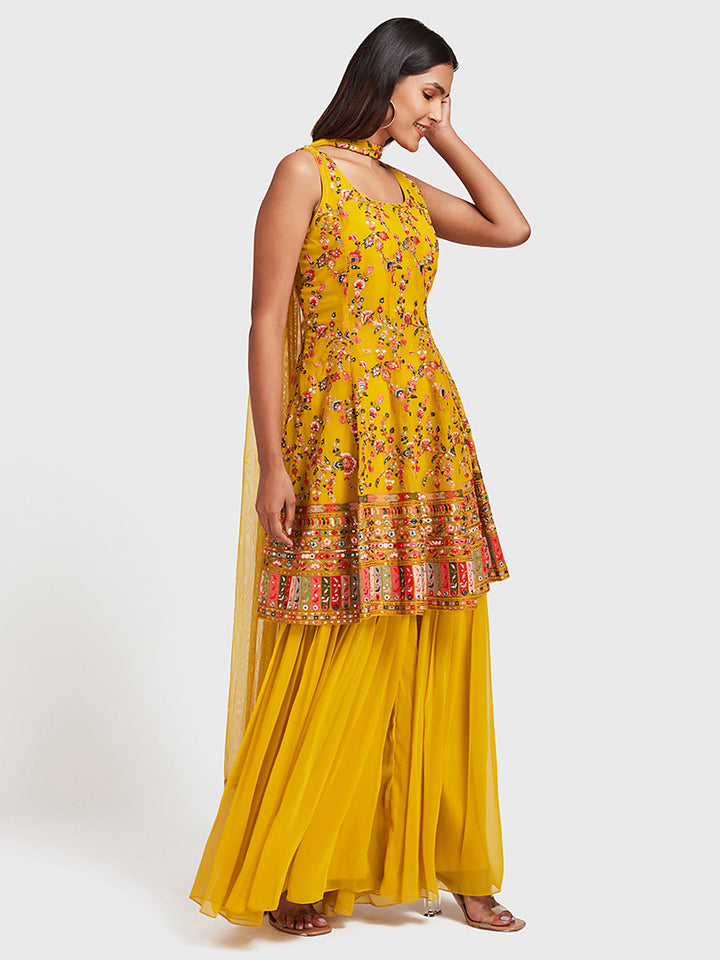 Neerus Yellow Embellished Anarkali Sharara Set - front view