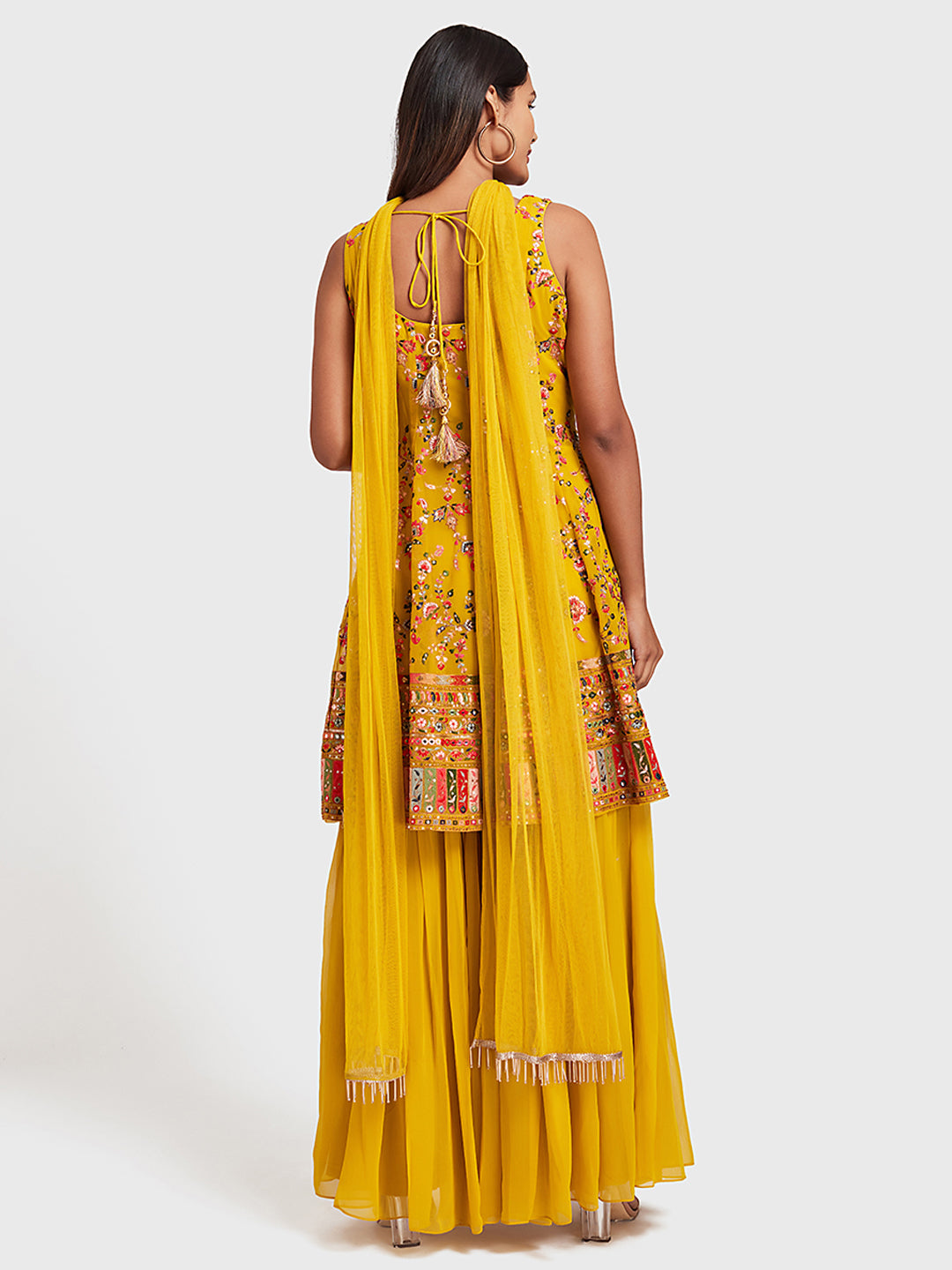 Neerus Yellow Embellished Anarkali Sharara Set - back view