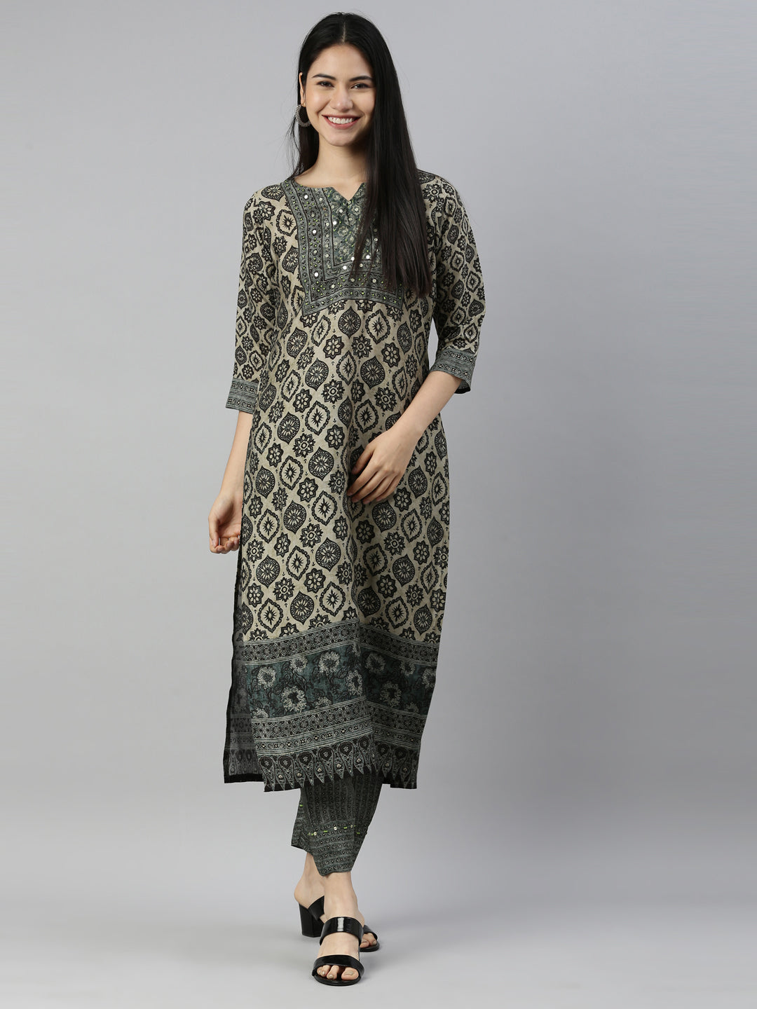 Neerus Black muslin straight suit set - front view