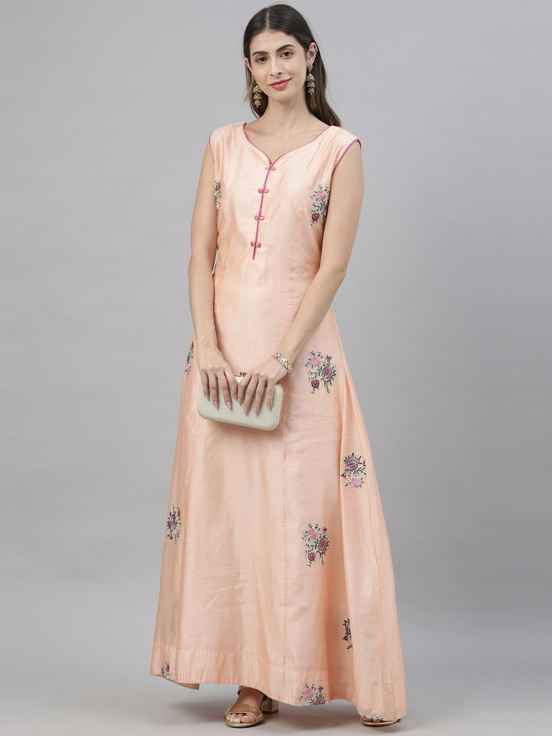 Neerus Orange embroidered anarkali kurta - front view