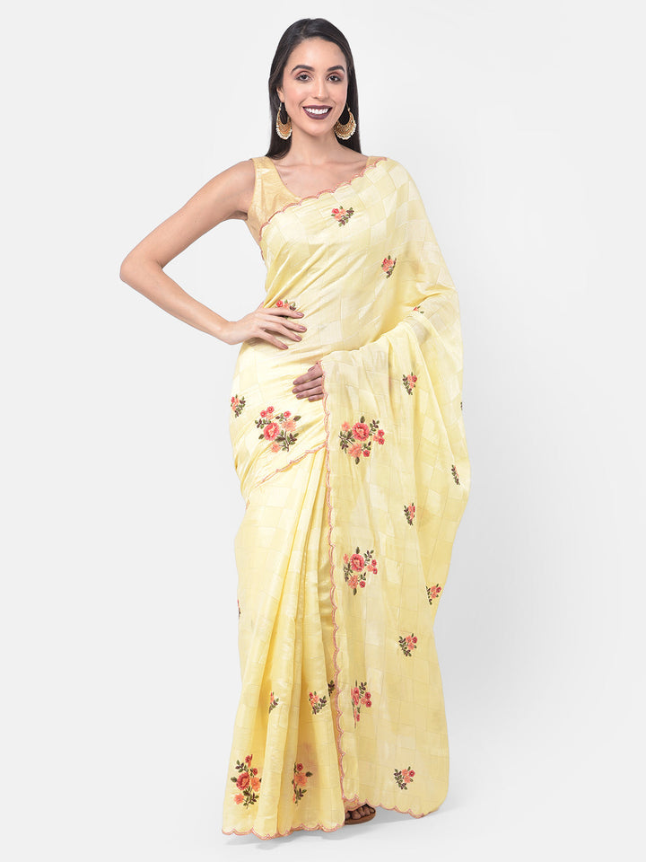 Neerus Yellow printed saree with blouse piece - front view