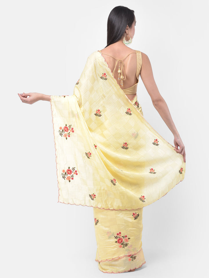 Neerus Yellow printed saree with blouse piece - back view