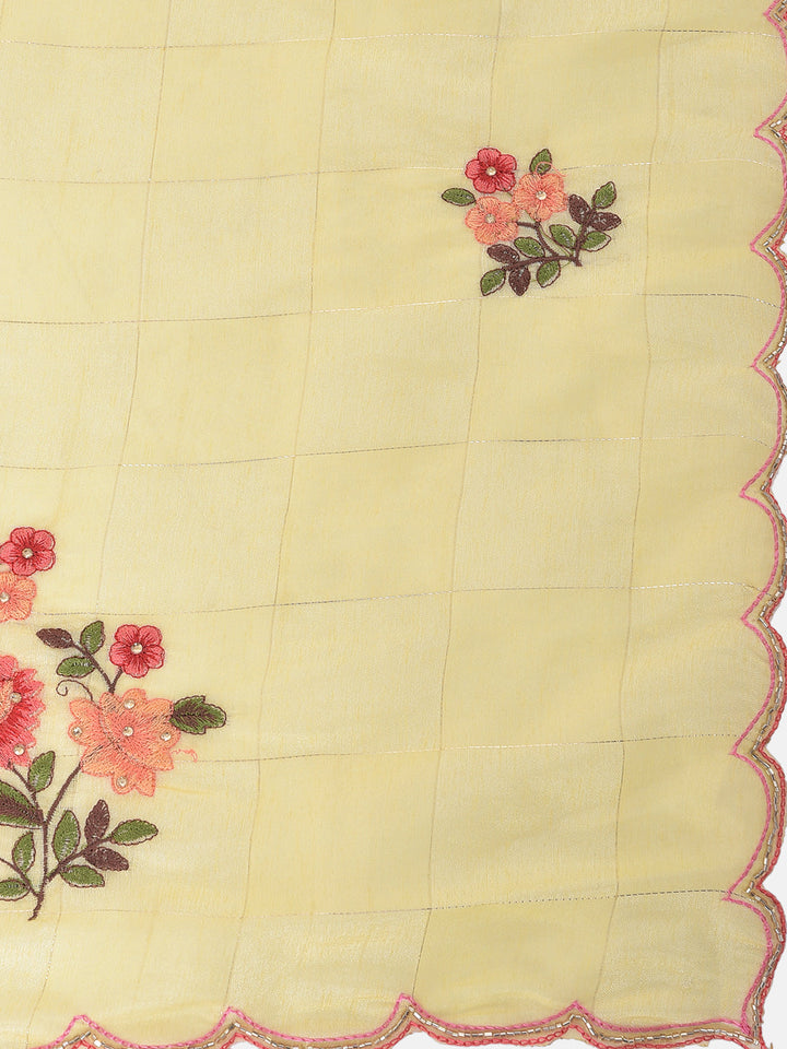 Neerus Yellow printed saree with blouse piece - detail view 1