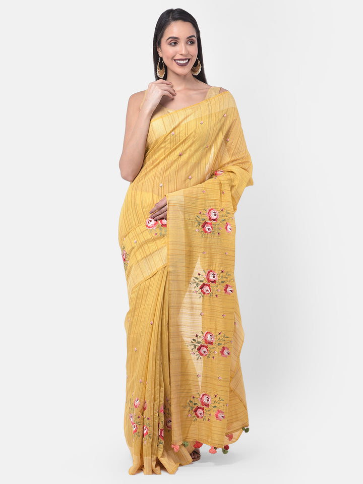 Neerus Yellow embroidered saree with blouse piece - front view