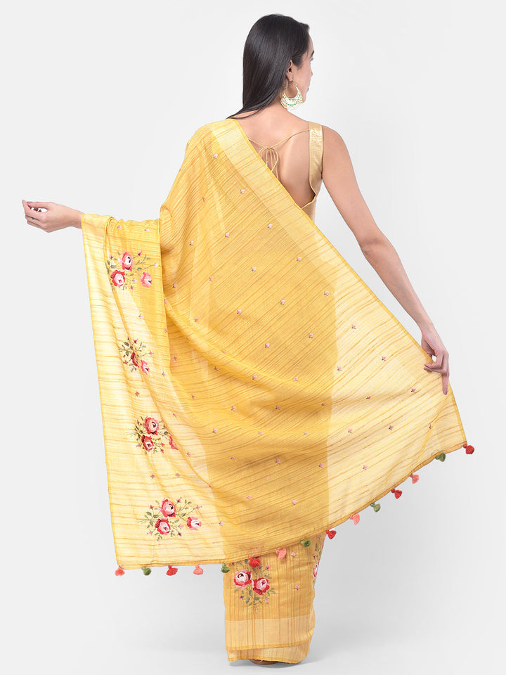 Neerus Yellow embroidered saree with blouse piece - back view