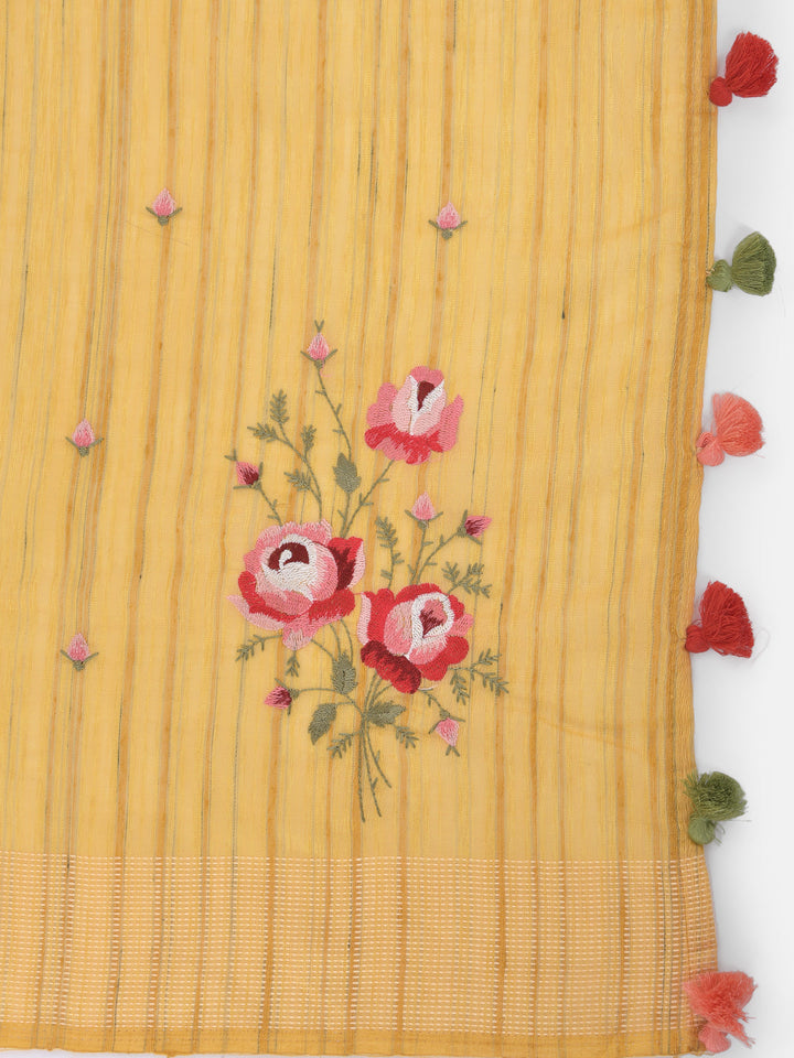 Neerus Yellow embroidered saree with blouse piece - detail view 1