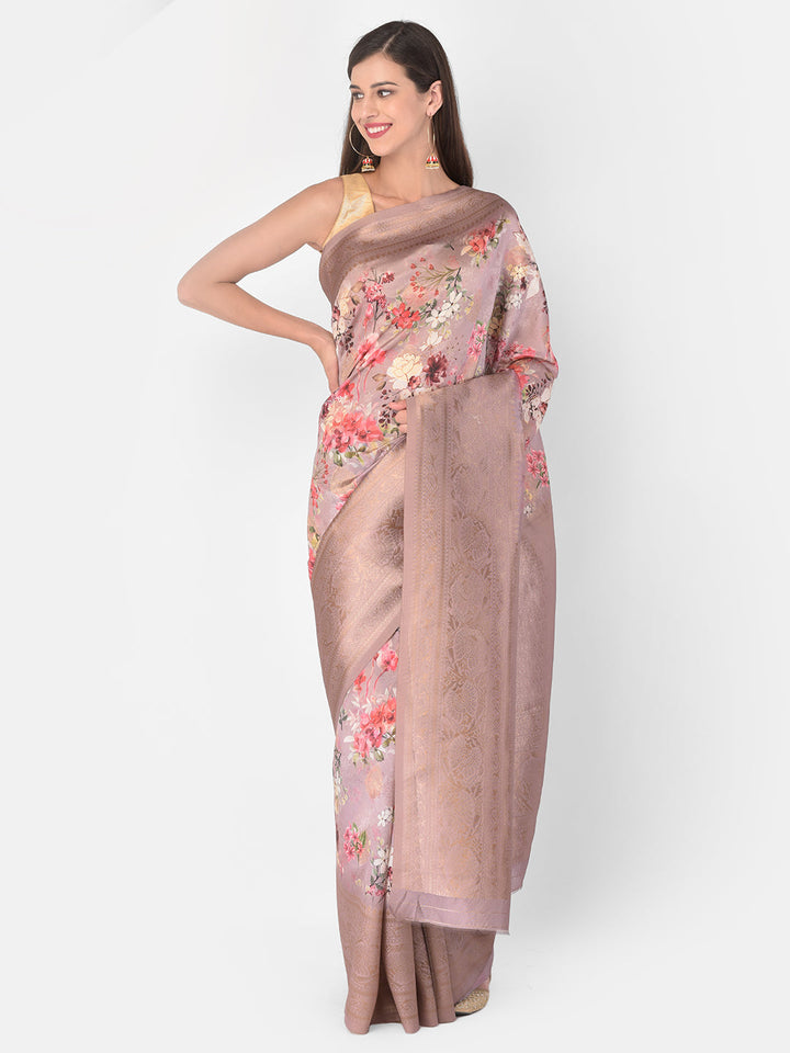 Neerus Pink Raw Silk Woven Saree - front view