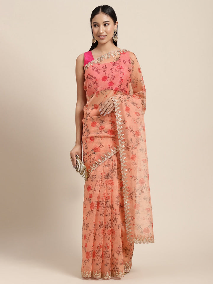 Neerus Orange organza saree - front view