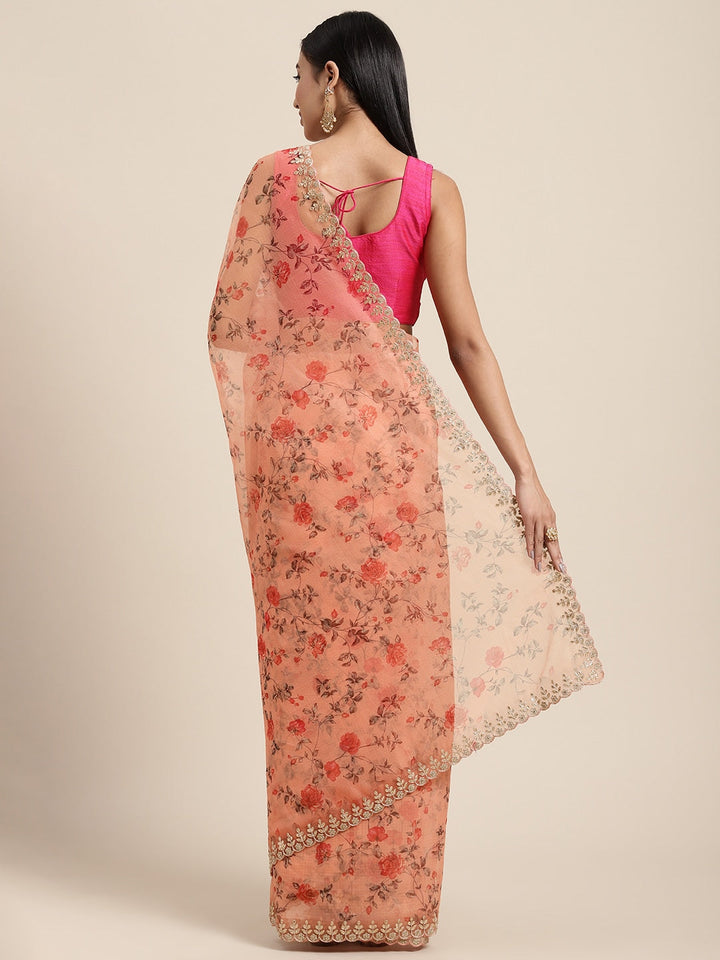 Neerus Orange organza saree - back view