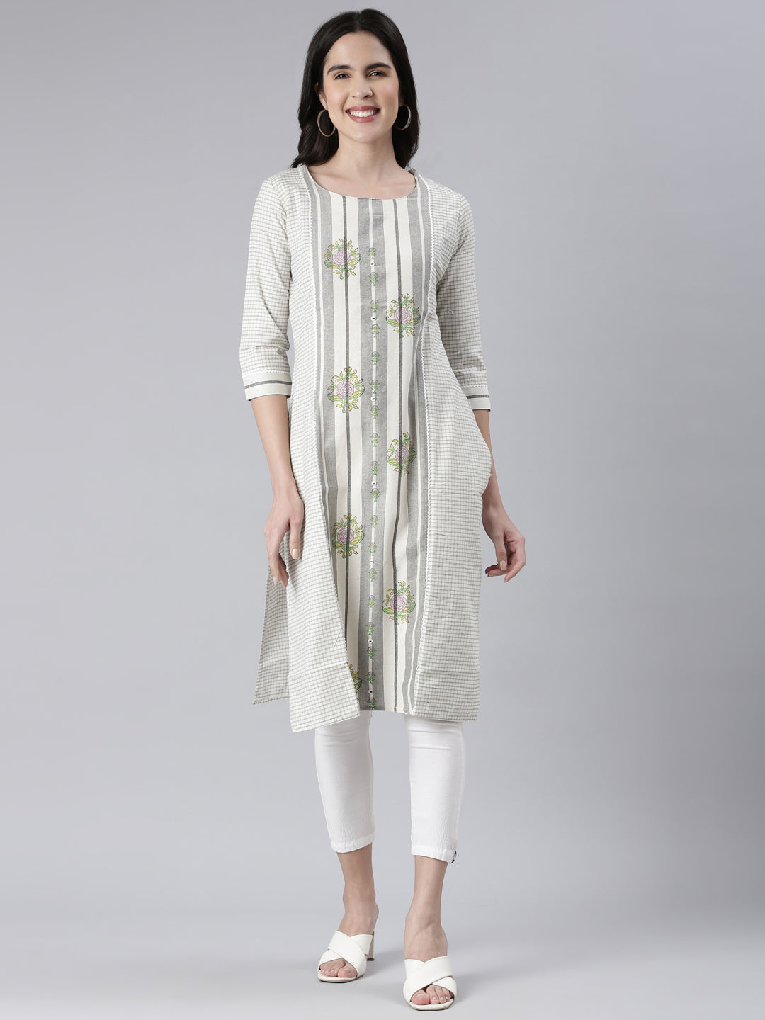 Neerus White cotton printed straight kurti - front view
