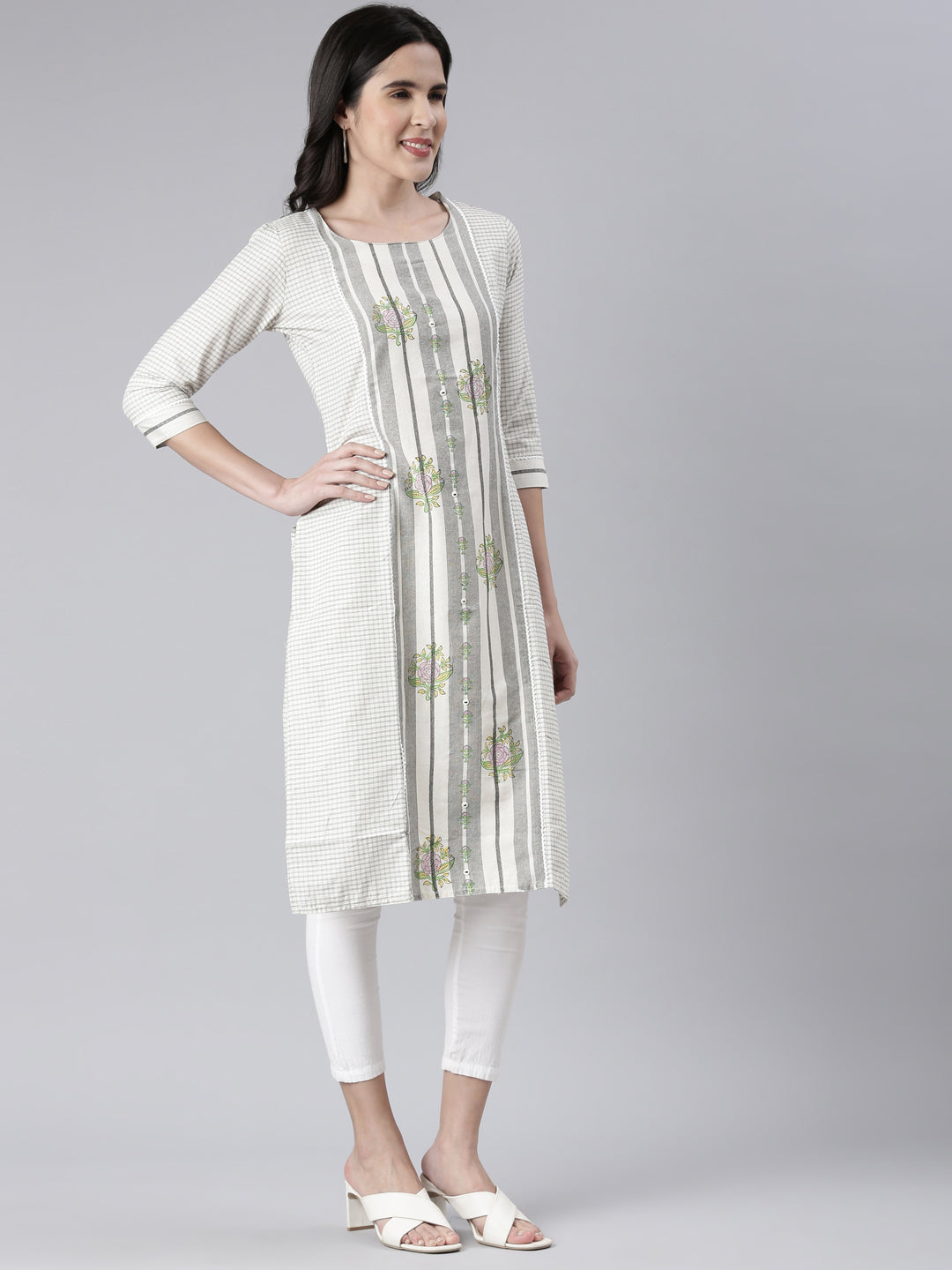 Neerus White cotton printed straight kurti - back view