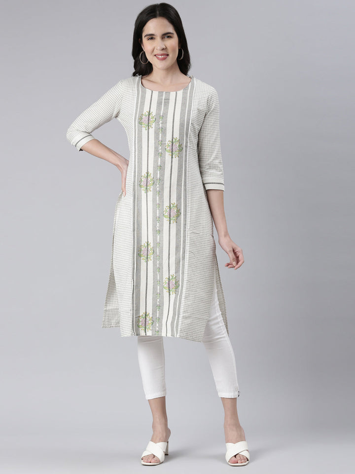 Neerus White cotton printed straight kurti - detail view 2