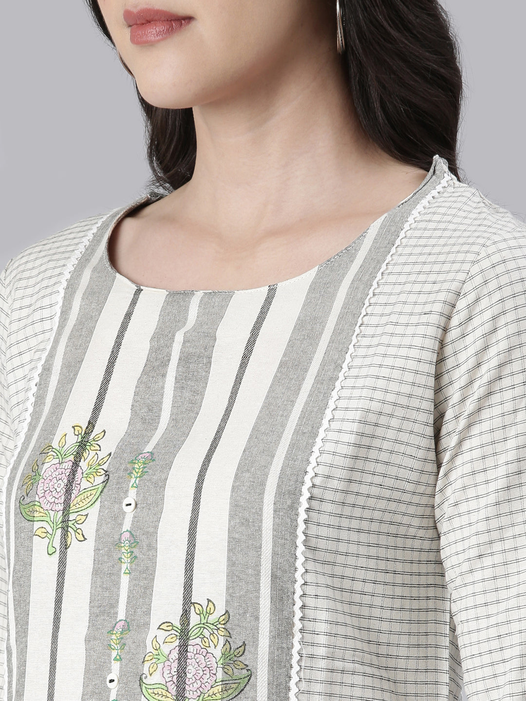Neerus White cotton printed straight kurti - detail view 1