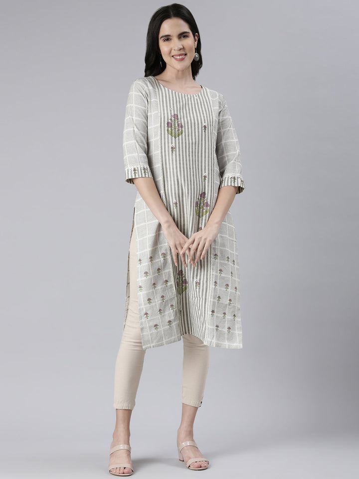 Neerus White cotton printed straight kurti - front view