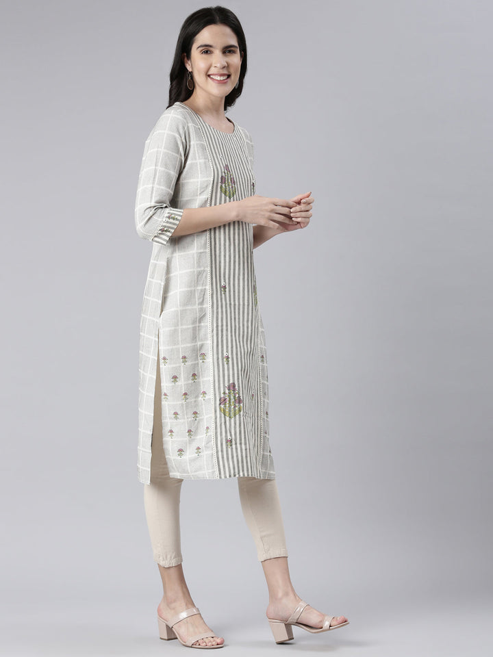Neerus White cotton printed straight kurti - back view