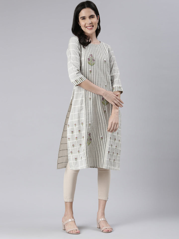 Neerus White cotton printed straight kurti - detail view 2