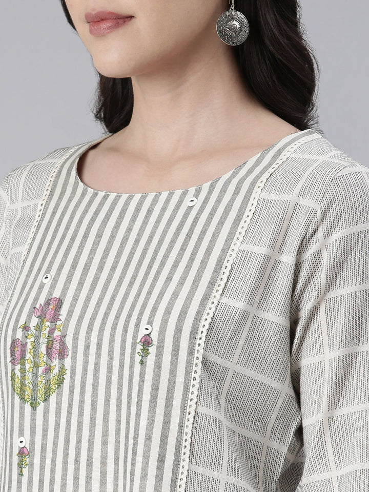 Neerus White cotton printed straight kurti - detail view 1