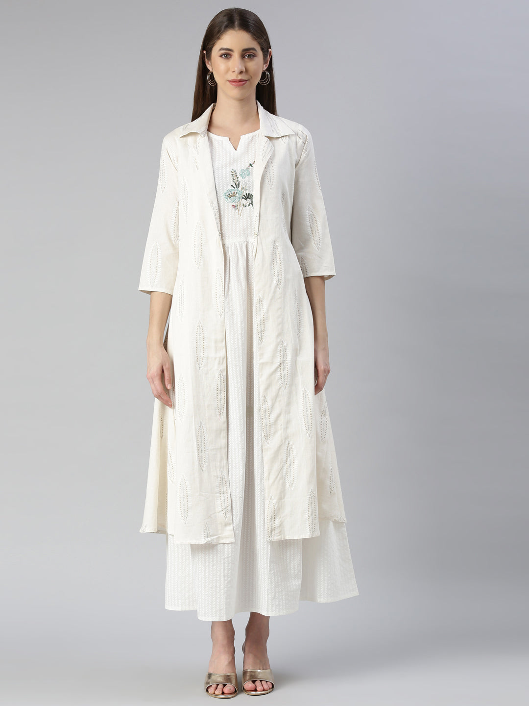Neerus Beige solid maxi dress - front view