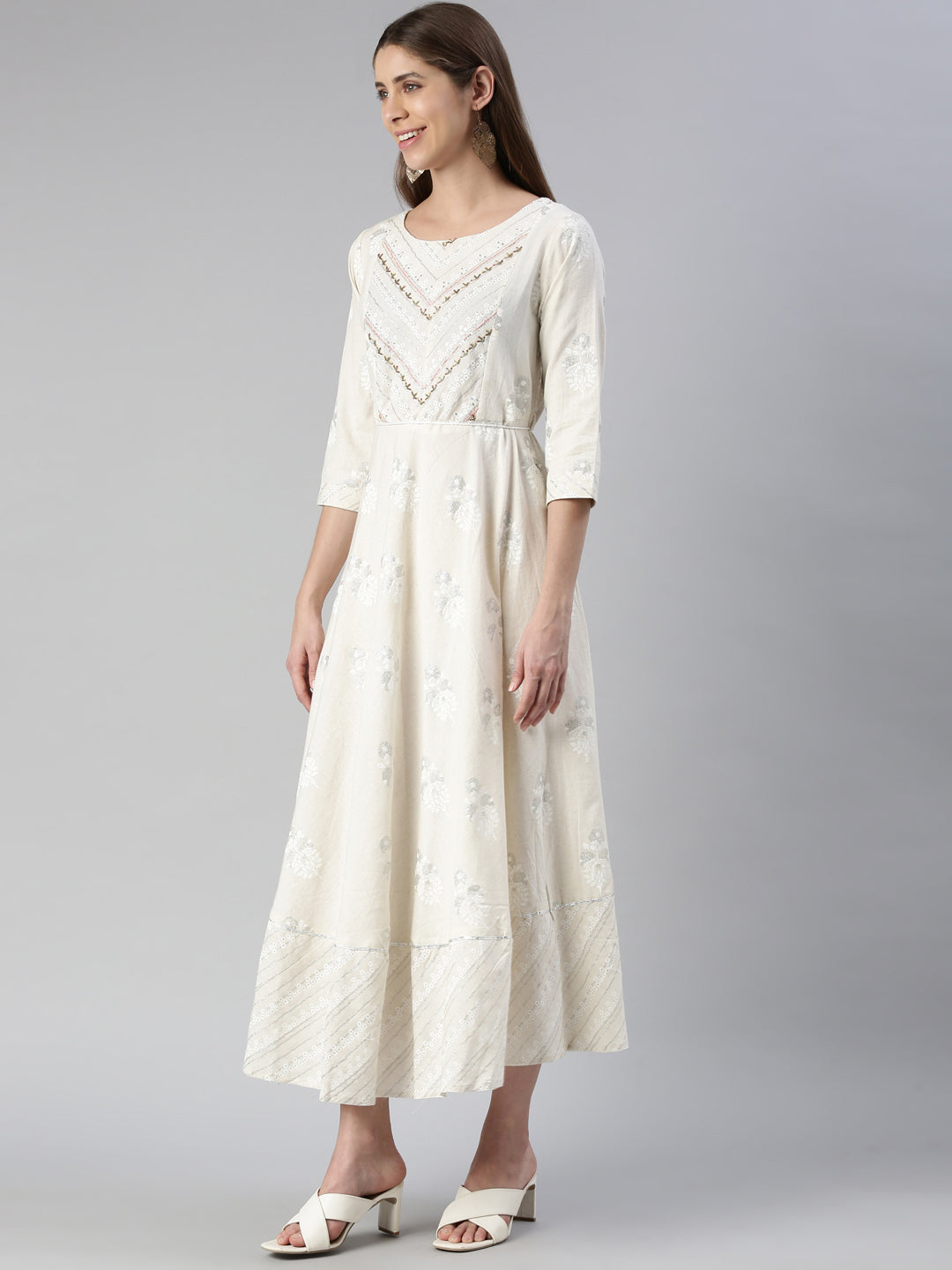 Neerus Beige printed maxi dress - back view