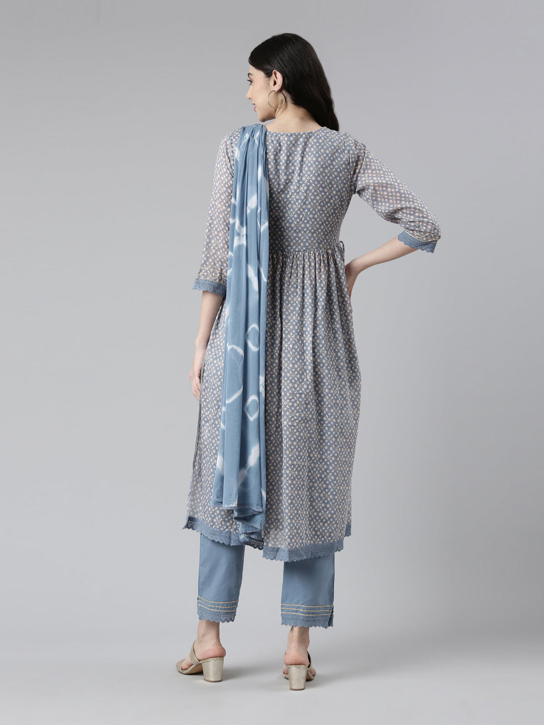 Neerus Multi printed mirror work pleated suit set - side view