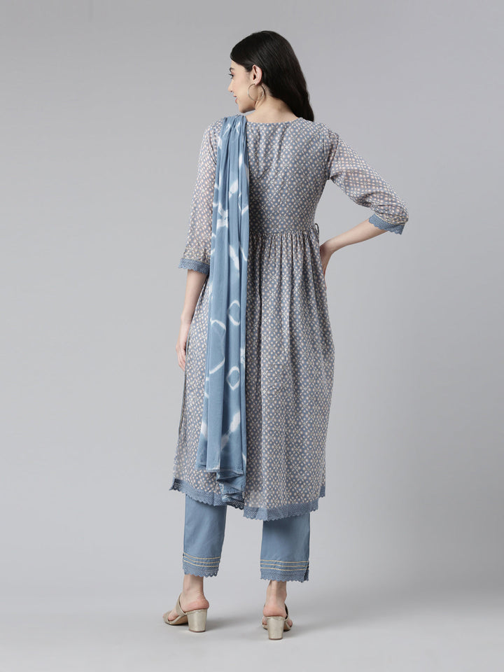 Neerus Multi printed mirror work pleated suit set - side view